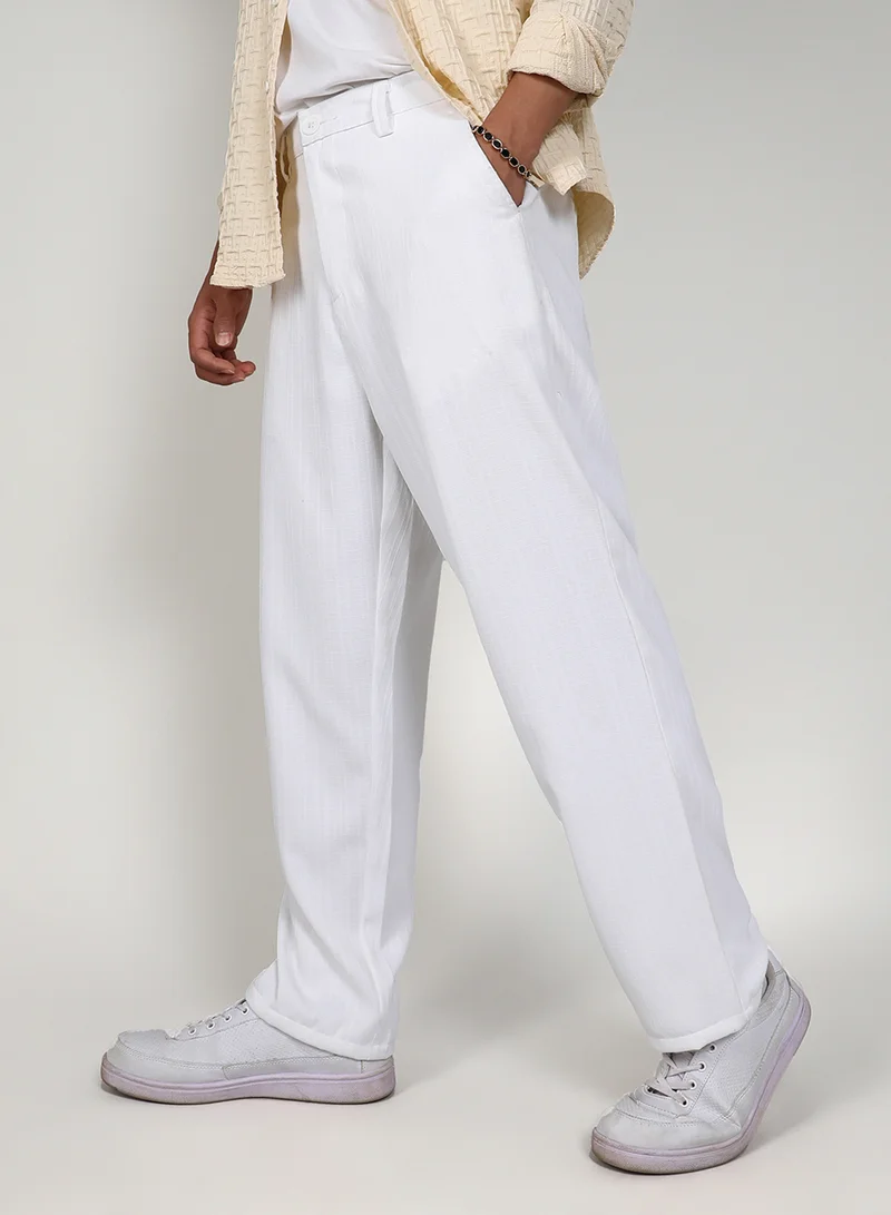 Men's Chalk White Tailored Linen-Blend Trousers For Casual Wear | Tailored Fit | 4 Pockets | Button Closure | Trousers Crafted With Comfort Fit For Everyday Wear